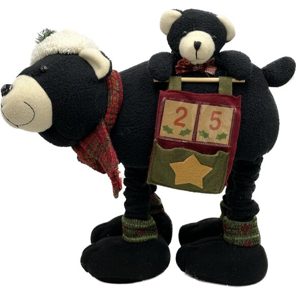 Vtg Black Bear & Cub Plush Christmas Advent Countdown Calendar Kitschy Core 14" - Picture 1 of 10